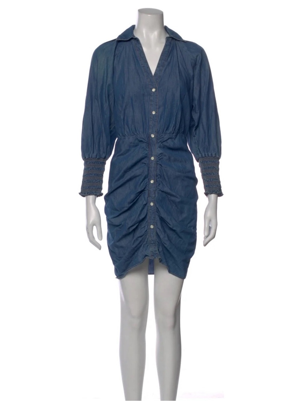 Veronica Beard Indigo Button-Front Shirred Waist Dress